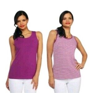 NWOT ISAAC MIZRAHI Womens 2X Set Of 2 Striped/Solid Purple Tank Tops A215537